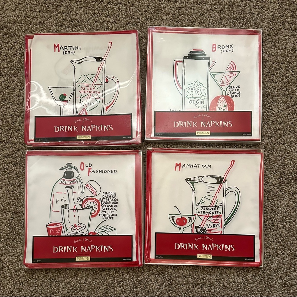 Estelle & Alvin’s Restoration Hardware Cocktail Recipe Drink Napkins Set